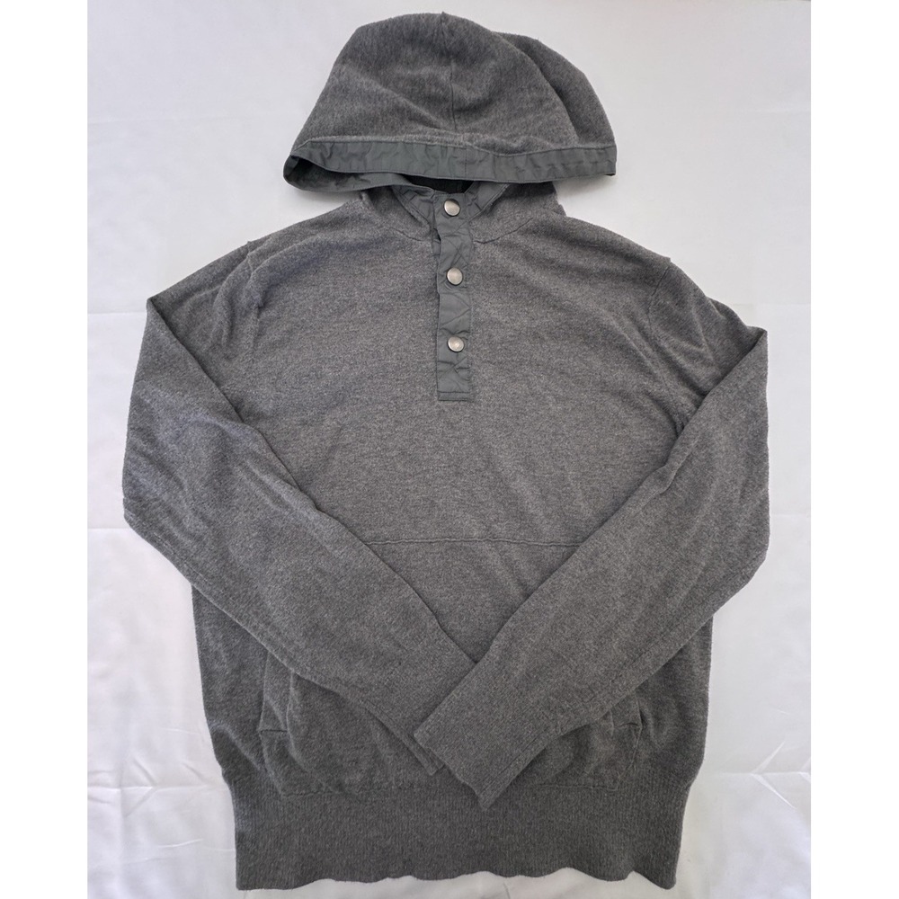 Banana Republic Mens Medium Popover Henley Hooded Pullover Gray Kangaroo Pocket